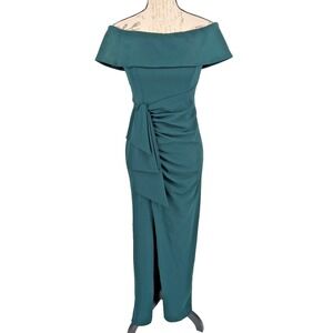 XSCAPE Long Dress SIZE 6 Green Off Shoulder USA Ruched with Sash Holiday Parties